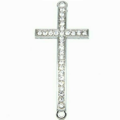 1 grande croix double connecteur métal argenté strass blanc cristal