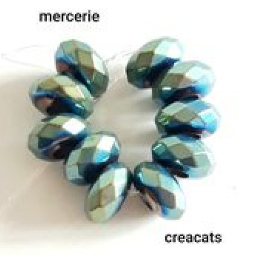 X 10 perles hématite ronde aplatie à facettes bleu vert