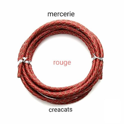 1 m de cordon rond cuir tressé véritable rond 3 mm rouge