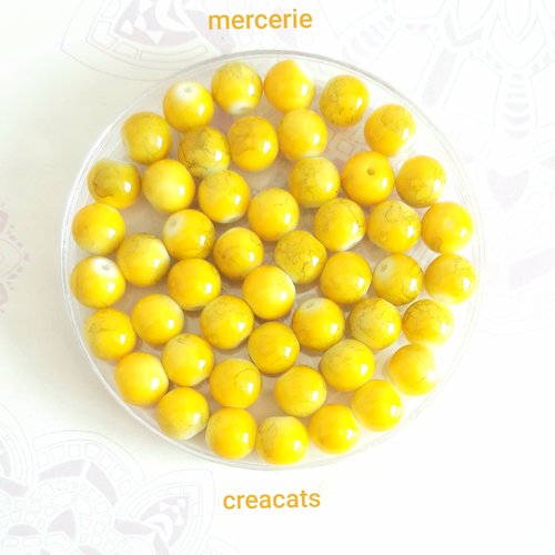 10 perles verre 8 mm ronde jaune marbré gris