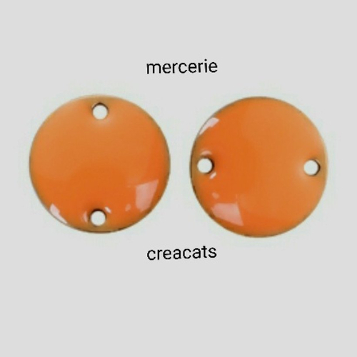 X 2 sequins connecteur rond émaillé double faces orange métal doré