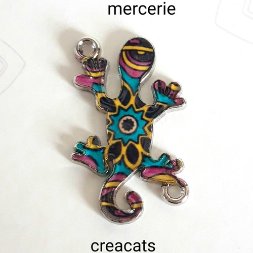 1 connecteur pendentif salamandre gecko lézard émail multicolore mandala sur métal argenté
