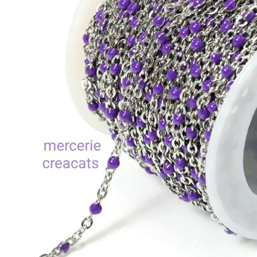 50 cm de chaine acier inoxydable argenté 2,5 x 2 mm perles émail violet