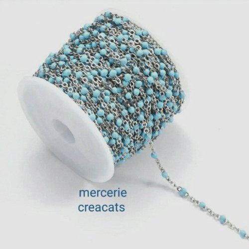 50 cm de chaine acier inoxydable argenté 3 x 2 mm perles émail bleu clair