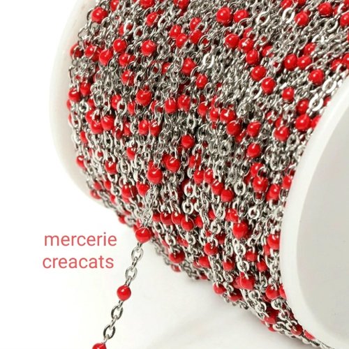 50 cm de chaine acier inoxydable argenté 3 x 2 mm  perles émail rouge