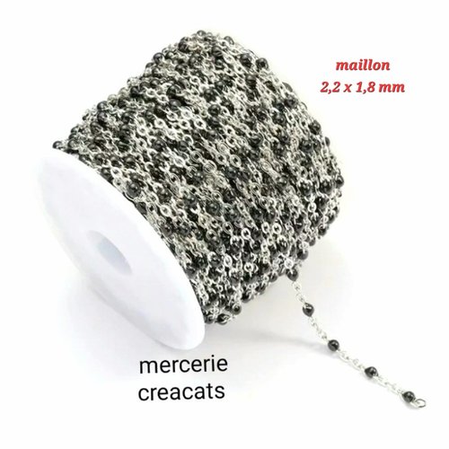 50 cm de chaine fine acier inoxydable 2,2 x 1,8 mm argenté perles émail noir
