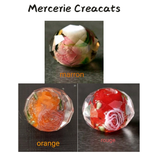 X 2 perles verre lampwork à facettes motif fleurs - marron - orange - rouge