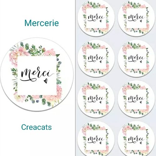 X 10 étiquettes autocollantes rondes stickers papier " merci " fleurs roses