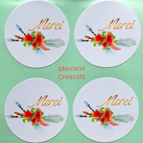 X 10 étiquettes autocollantes rondes stickers papier " merci " plume flèche fleur