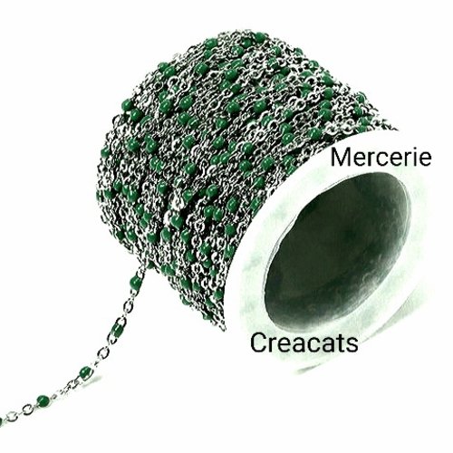 50 cm de chaine acier inoxydable argenté perles émail vert sapin