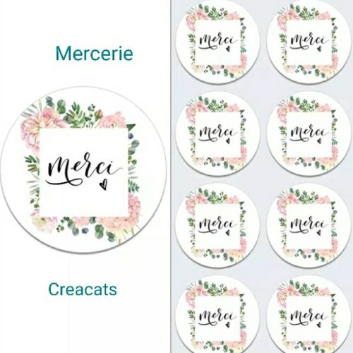 X 10 étiquettes autocollantes rondes stickers papier " merci " fleurs roses