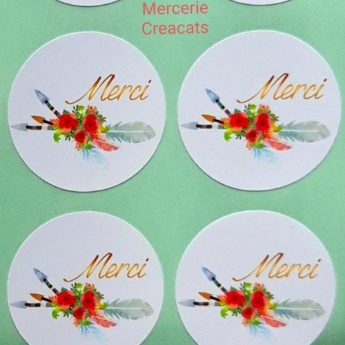 X 10 étiquettes autocollantes rondes stickers papier " merci " plume flèche fleur