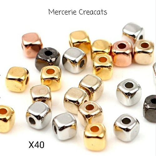 X 40 perles cube acrylique 3 mm multicolores - argenté gunmétal doré clair or et doré rose
