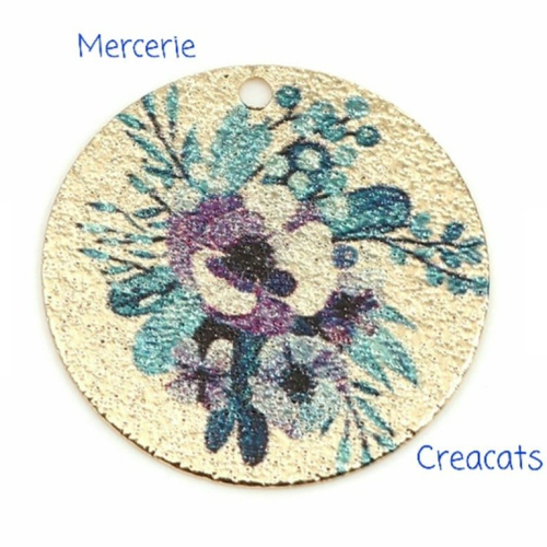 1 pendentif médaillon rond émaillé pensées fleurs bleues sur métal doré