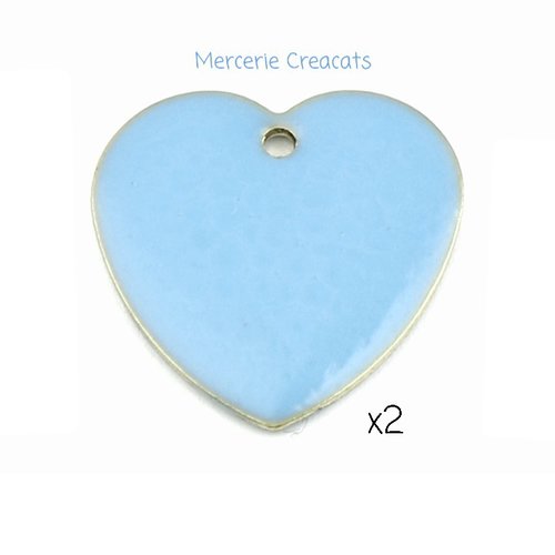 X 2 sequins coeur émaillé double bleu ciel