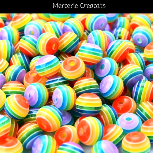 X 11 perles acrylique ronde 8 mm rainbow rayées multicolores
