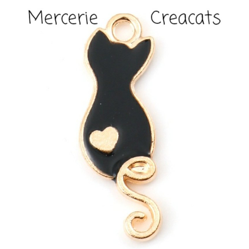 1  pendentif connecteur chat coeur émaillé noir sur métal doré