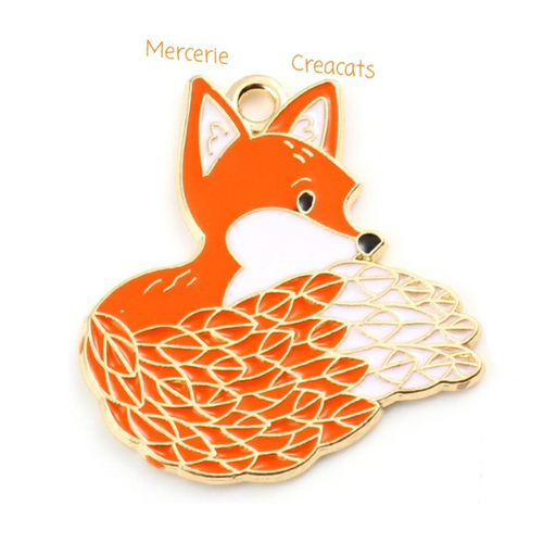 1 pendentif renard émail orange sur métal doré