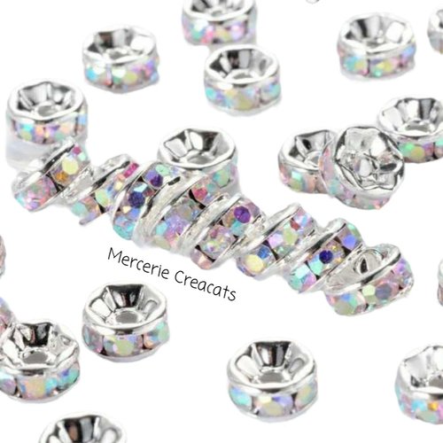 10 perles intercalaires argentées 6 mm strass reflets cristal