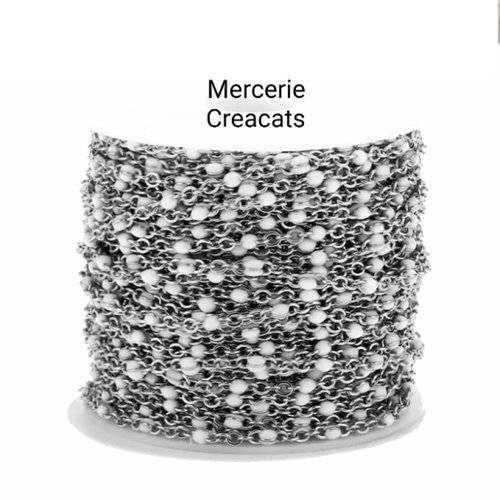 50 cm de chaine acier inoxydable argenté perles émail blanc 2 x 1,6 mm