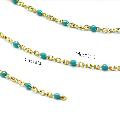 50 cm de chaine fine acier inoxydable doré 2 x1,6 mm perles émail turquoise