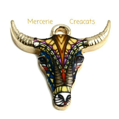 1 pendentif tête crâne buffle boeuf taureau calaveras émail sur métal doré