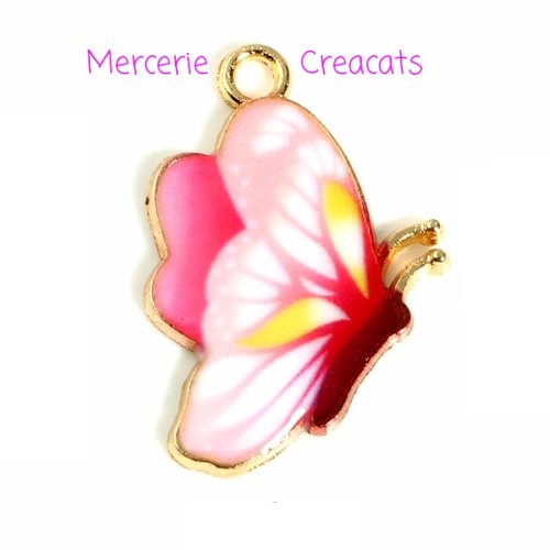 1 pendentif papillon émail rose multicolore sur métal doré
