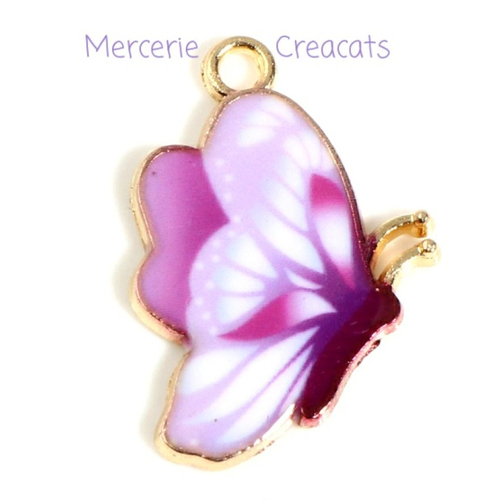 1 pendentif papillon émail parme violet sur métal doré