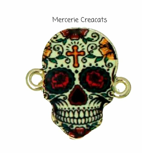 1 pendentif connecteur crâne tête de mort mexicaine calaveras halloween émaillé sur métal doré