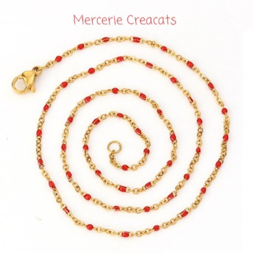 1 collier chaine fine 45 cm acier inoxydable doré maille forçat  perles émail résine rouge
