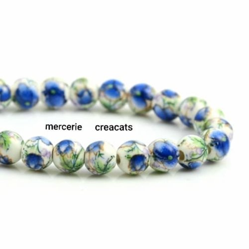 X 8 perles céramique à fleur bleues style japonais