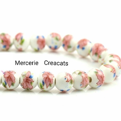X 8 perles céramique à fleur roses style japonais