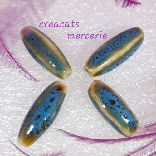 X 4 perles céramique bleues ovale côtés plats
