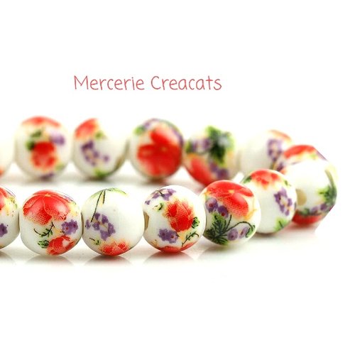 X 8 perles céramique à fleur rouges style japonais