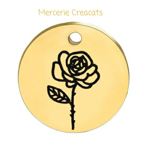 1 pendentif médaillon rond acier inoxydable doré gravure noire fleur " rose "