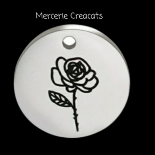 1 pendentif médaillon rond acier inoxydable argenté gravure noire fleur " rose "