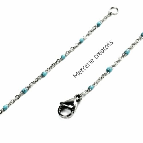 1 collier chaine fine 45 cm acier inoxydable argenté maille forçat perles émail résine bleu clair