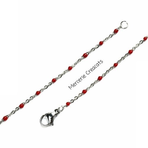 1 collier chaine fine 45 cm acier inoxydable argenté maille forçat perles émail résine rouge