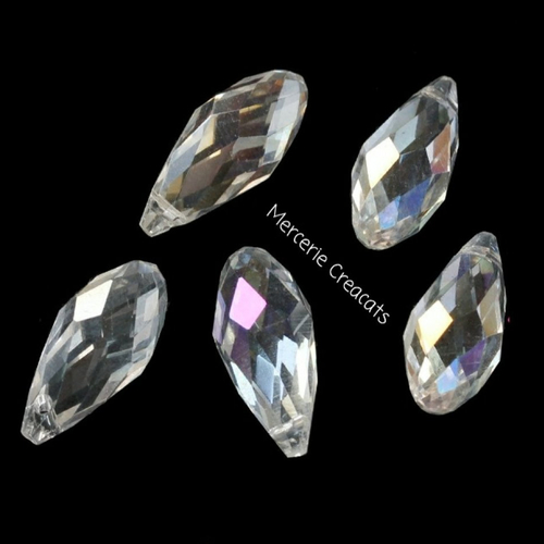 X 2 perles forme briolette goutte 17 mm à facette en cristal de verre transparent aux reflets irisés