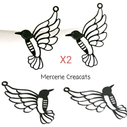 X 2 pendentifs oiseau colibri métal peint noir estampe filigrane découpe laser cut