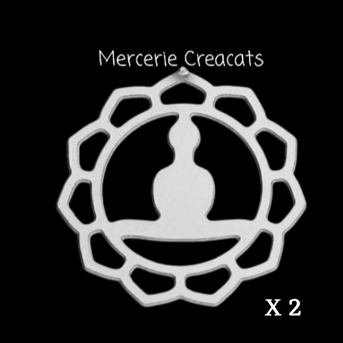 X 2 pendentifs connecteur bouddha yoga acier inoxydable mandala filigrane argenté