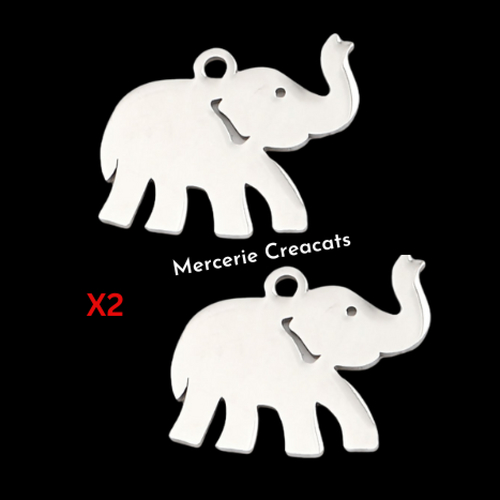 X 2 pendentif breloque acier inoxydable argenté éléphant