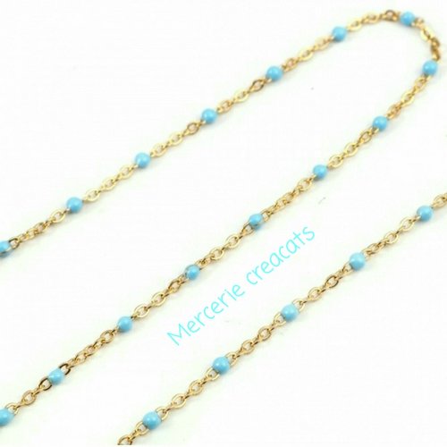 50 cm de chaine fine acier inoxydable doré 2 x1,6 mm perles émail bleu ciel