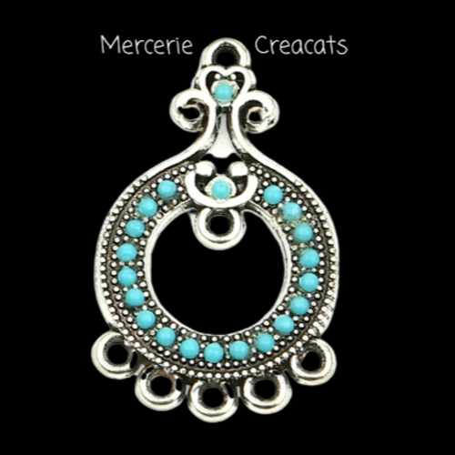 1 connecteur pendentif chandelier bohème ethnique petites perles émail résine bleu ciel sur métal argenté