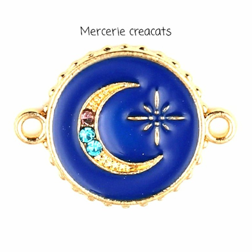 1 pendentif connecteur émaillé lune bleu nuit / strass / étoile du nord sur métal doré