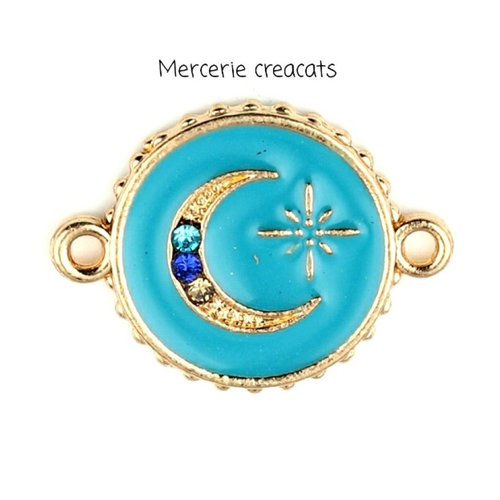 1 pendentif connecteur émaillé lune bleu nuit / strass / étoile du nord sur métal doré