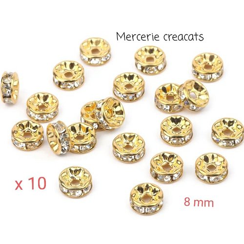 10 perles intercalaires 8 mm métal doré et strass effet cristal à facettes