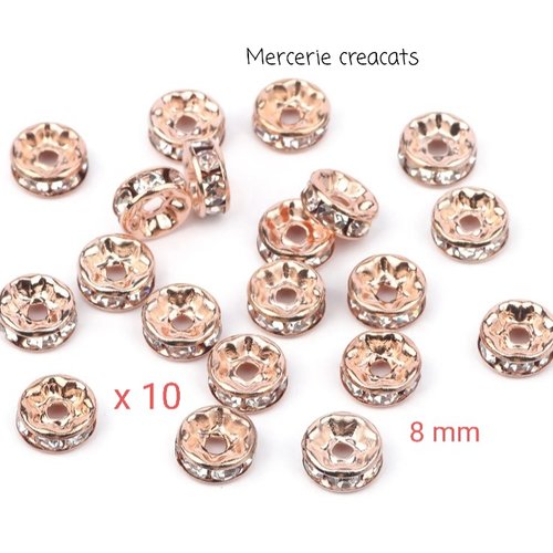 10 perles intercalaires 8 mm métal rose gold doré et strass effet cristal à facettes