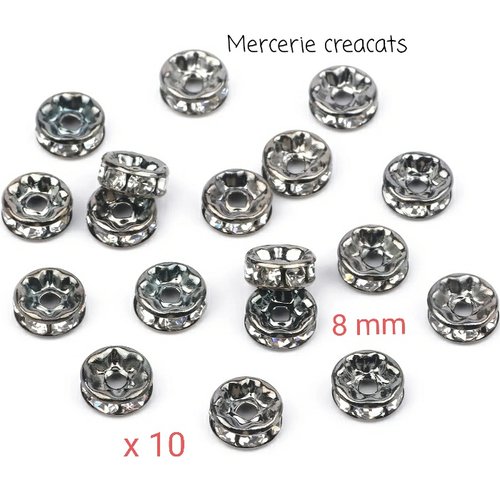 10 perles intercalaires 8 mm métal gunmétal gris/noir et strass effet cristal à facettes