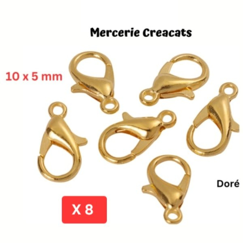 X 8 fermoirs mousqueton 10 x 5 mm métal couleur doré